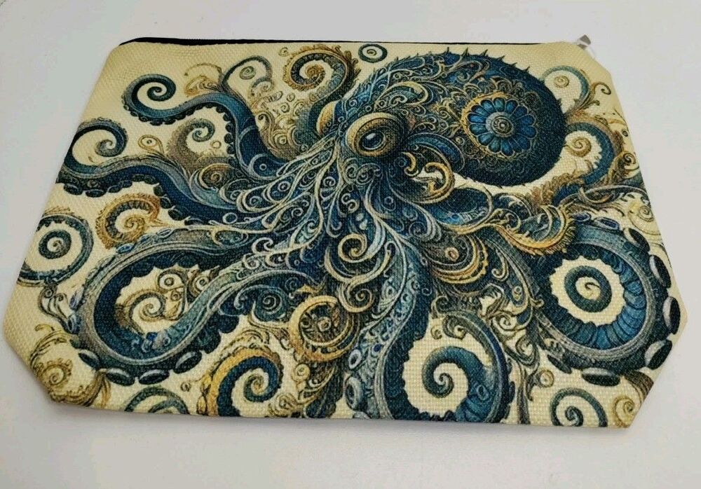 Blue On Cream Octopus Design Canvas Cosmetics Bag W/ Zipper 9.5" X 7"X2"